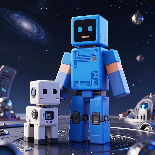 CGI image of a blue, blocky robot standing beside a white, smaller robot in a futuristic, starry space setting.