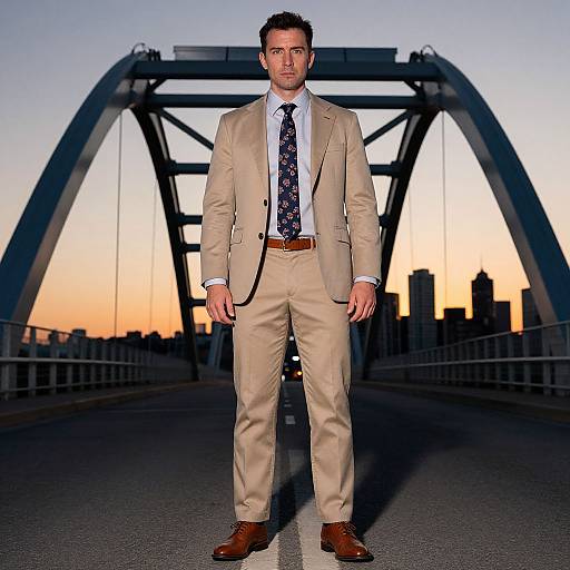 Photograph of a serious, handsome man in a beige suit, white shirt, patterned tie, and brown shoes, standing on a bridge at sunset