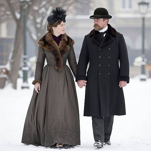 Photograph of a Victorian-style couple walking in snow. Woman wears black dress with fur collar, feathered hat; man in black coat, hat.