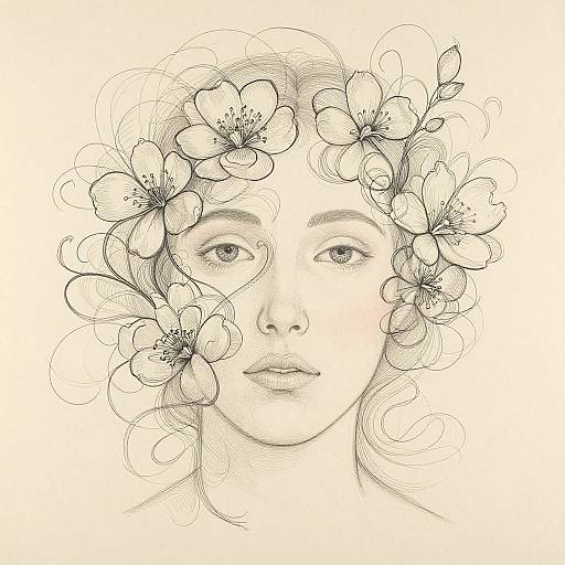 Detailed black and white pencil drawing of a young woman with curly hair, adorned with blooming flowers, staring directly forward.