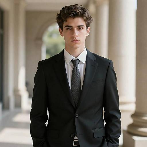 Young Man in Sunlit Stone Atrium