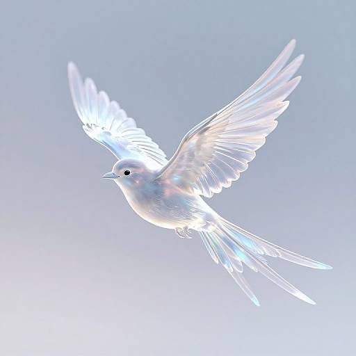 Photograph of a white dove with glowing, translucent wings in mid-flight against a soft, pale blue gradient background.