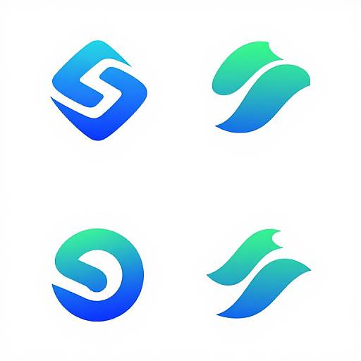 Four abstract, gradient blue-green circular logos, each with a white spiral shape, arranged in a 2x2 grid on a white background. Digital