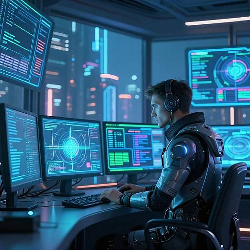 Cyberpunk-style photograph of a man in futuristic armor, wearing headphones, sitting at a high-tech control desk with glowing blue screens. Neon cityscape