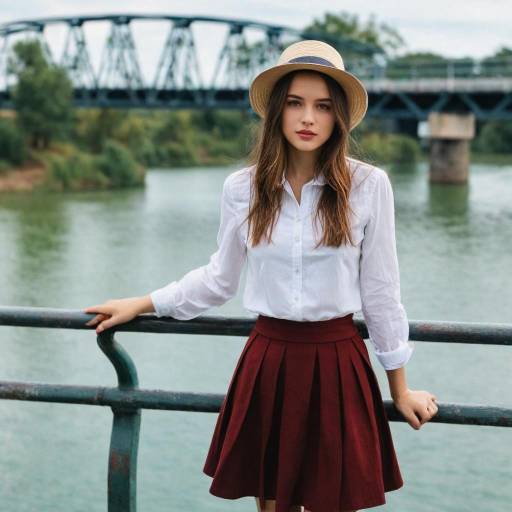 Young Woman Standing by River with Bridge Background