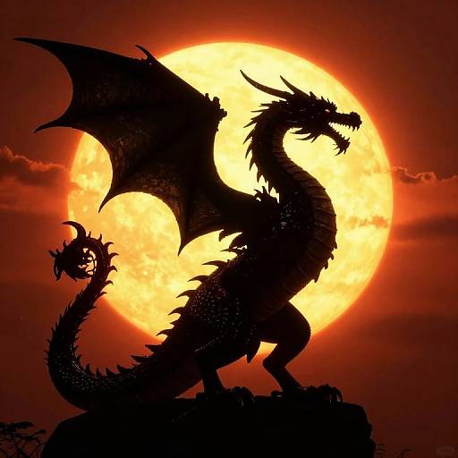 Silhouetted dragon with wings and spines against a large, bright, orange-red full moon in a dark, cloudy night sky.