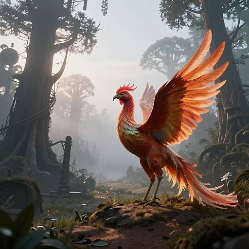 Digital painting of a vibrant, red-feathered phoenix with glowing wings standing on a mossy rock in a misty, ancient forest. Sunlight