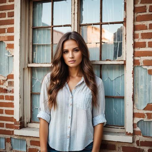 Young Woman Standing by Broken Window