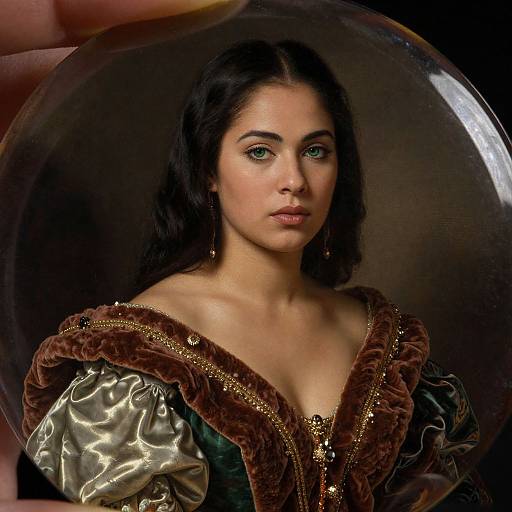 Photorealistic portrait of a young woman with green eyes, dark hair, and olive skin, wearing a Renaissance-style green and gold velvet dress with brown