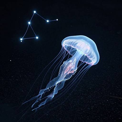 Photograph of a glowing blue jellyfish with translucent tentacles, floating against a dark, starry ocean backdrop, with a constellation pattern above.