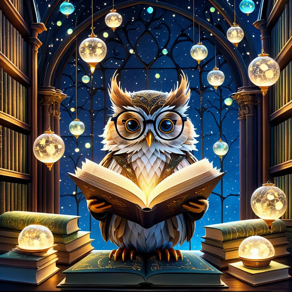 Charming Owl in Enchanted Library Scene