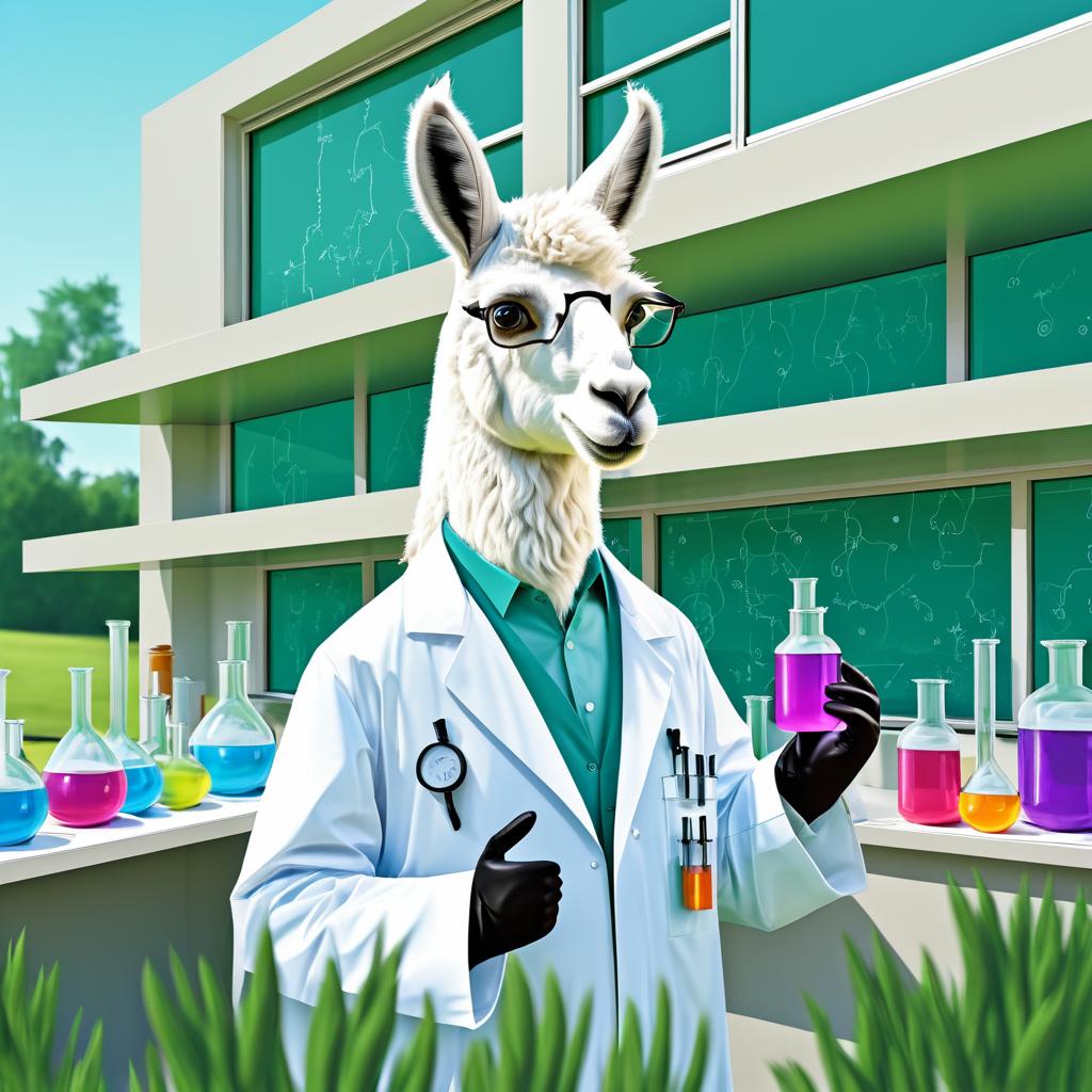 Humorous Llama Scientist in Outdoor Lab