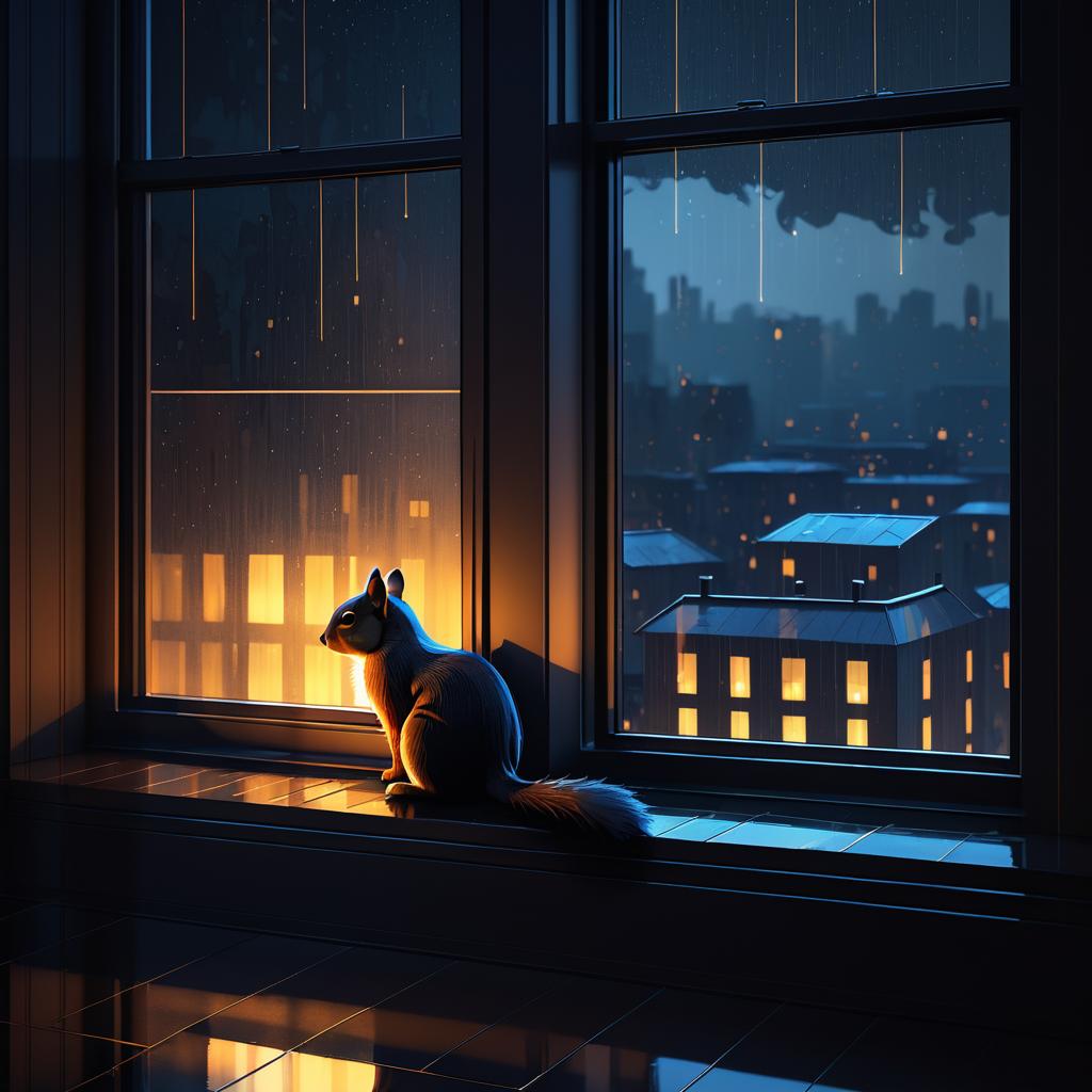 Solitary Squirrel in Rainy Nightscape