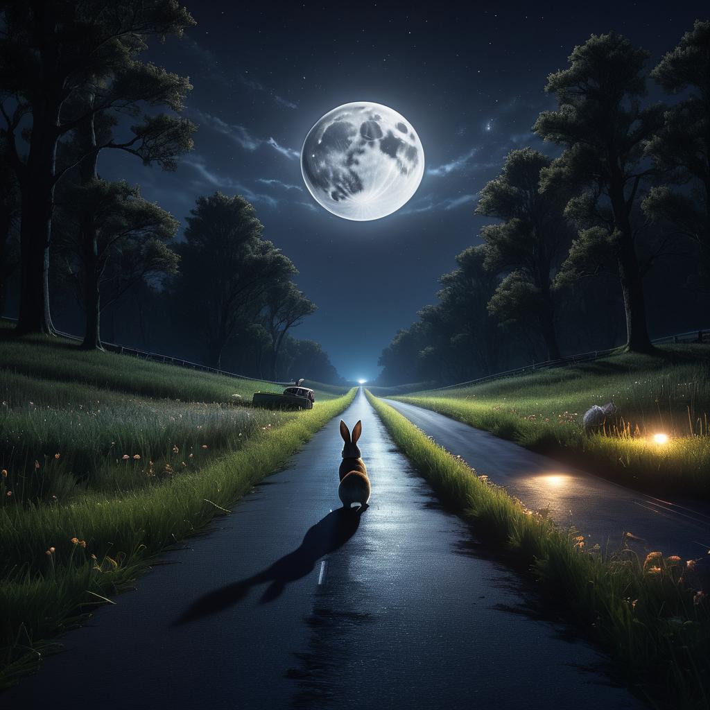 Rabbit Encounter on Moonlit Road