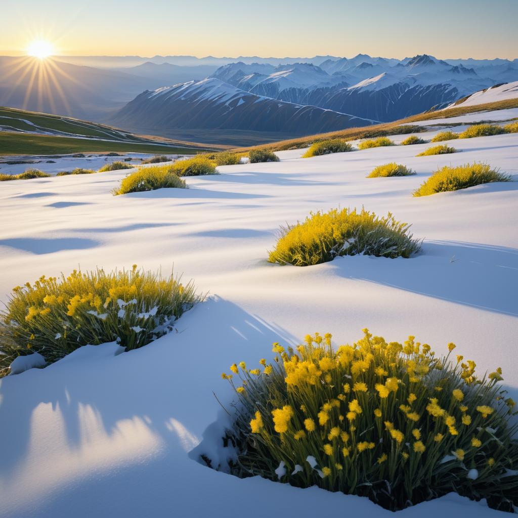 Dawn Over Snowy Grasslands with Blossoms