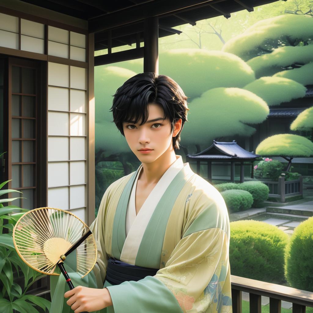 Mysterious Young Man with Traditional Fan