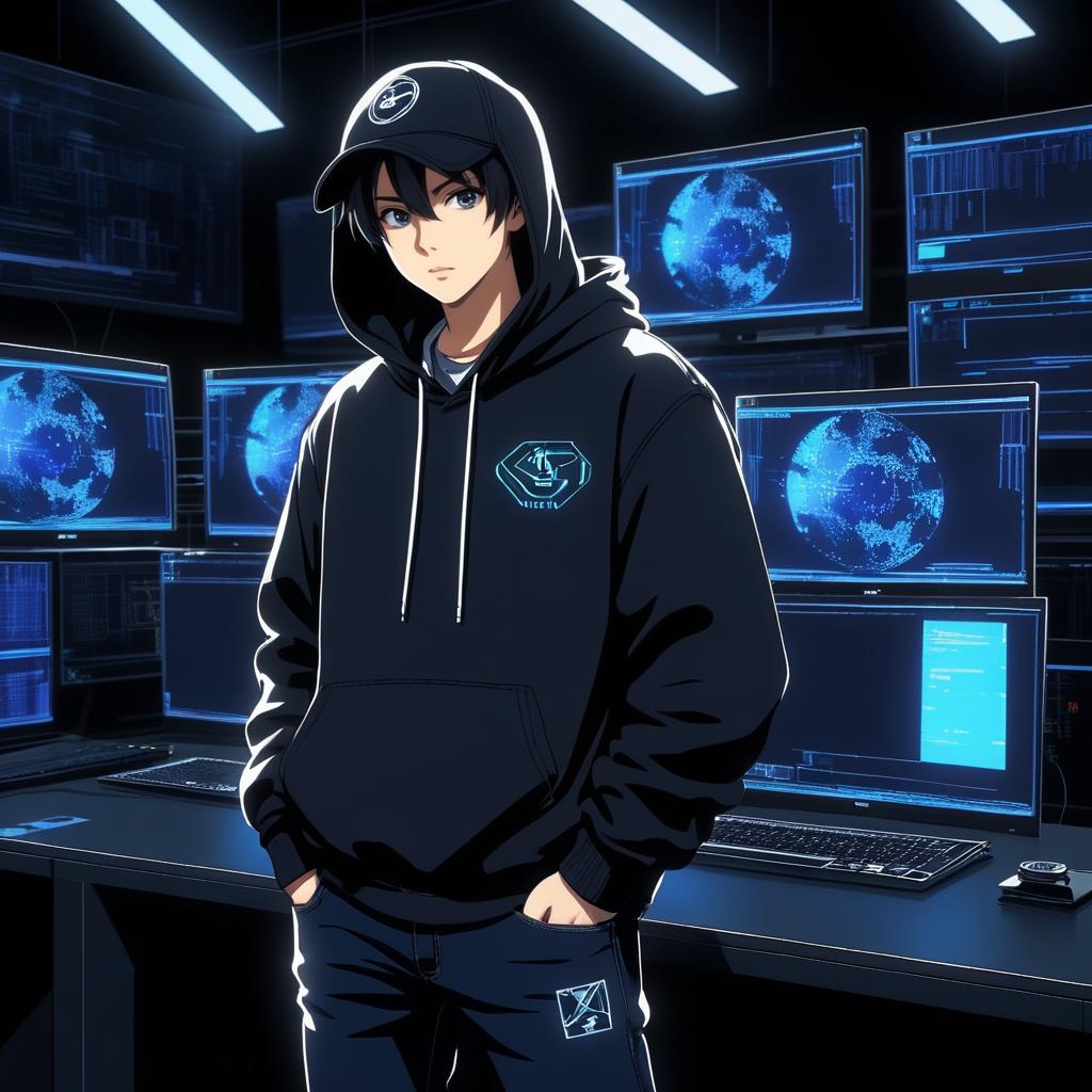 Anime Hacker in a Dark Tech Room