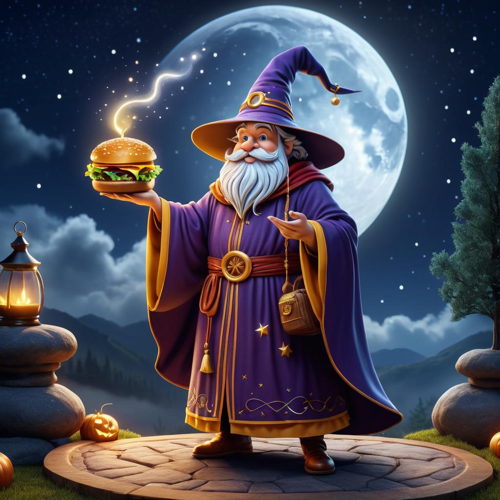 Whimsical Hamburger Wizard Casting Spells