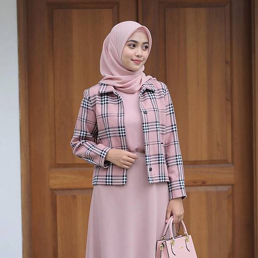 Young Woman in Pink Hijab and Plaid