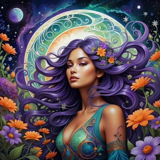 Mystical Woman with Purple Hair and Moon