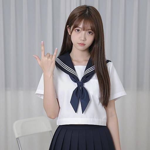 Young Asian Woman in Sailor School Uniform Making Gesture