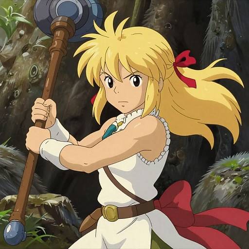 Digital anime-style drawing of a determined blonde girl with a red ribbon, white sleeveless dress, and large blue hammer in a dark, mossy cave