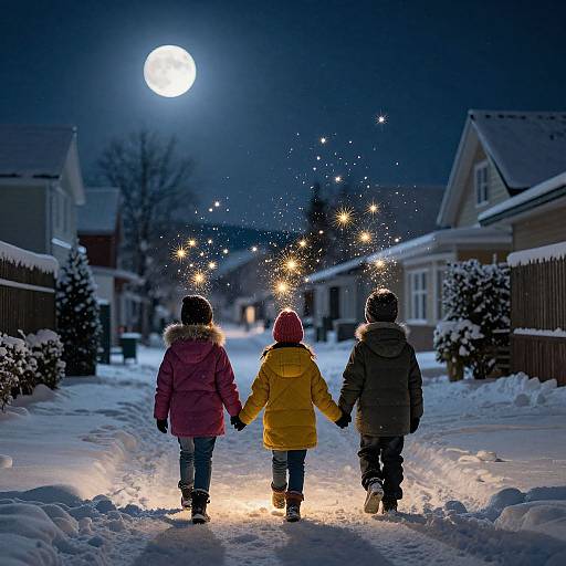 Photograph of two children in winter coats, holding hands, walking down a snow-covered suburban street at night, illuminated by glowing star-like lights and a