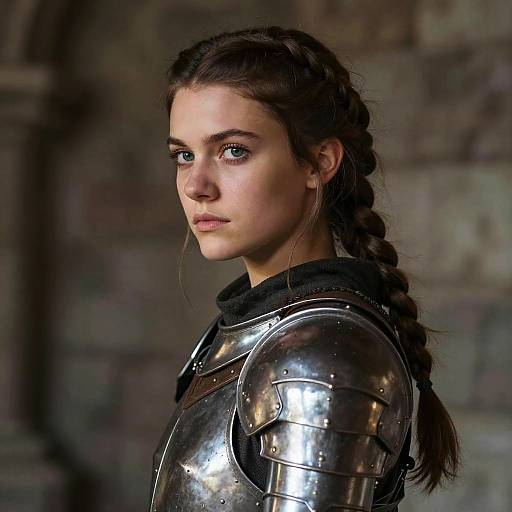 Photorealistic CGI of a young, serious-looking woman with fair skin, brown braided hair, and reflective medieval armor, standing against a stone wall