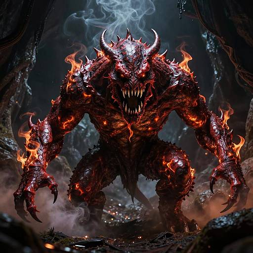 Fiery Red Monster Emerging from Haunted Cave