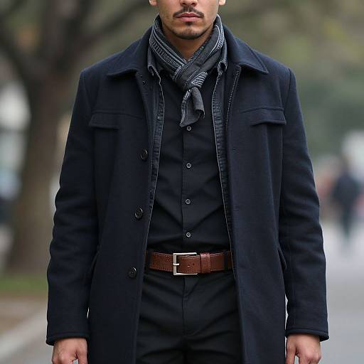 Photograph of a man in a black coat, black button-up shirt, gray scarf, brown belt, standing outdoors on a blurred street.