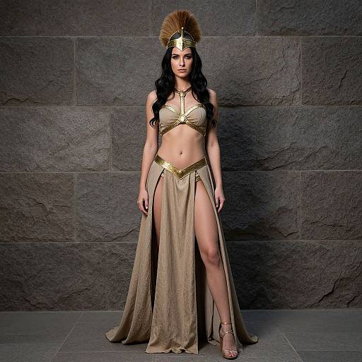 Photograph of a dark-haired woman in ancient Greek-inspired attire: gold headpiece, gold-trimmed beige bikini top, high-slit skirt,