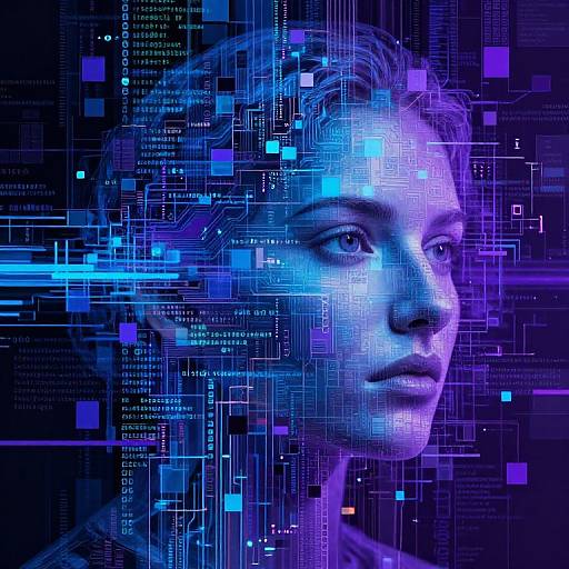 Digital portrait of a woman with blue and purple cybernetic patterns overlaying her face, set against a dark, tech-themed background.