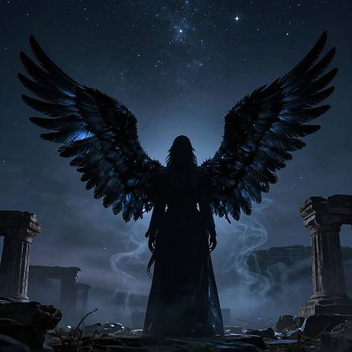 Silhouetted angel with dark, expansive wings stands against a starry night sky, surrounded by ruins and blue mist, in a digital fantasy artwork