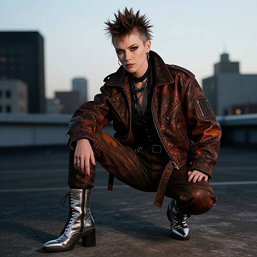 Photograph of a punk-style woman with spiked hair, leather jacket, black choker, and silver boots, crouching on a rooftop at sunset