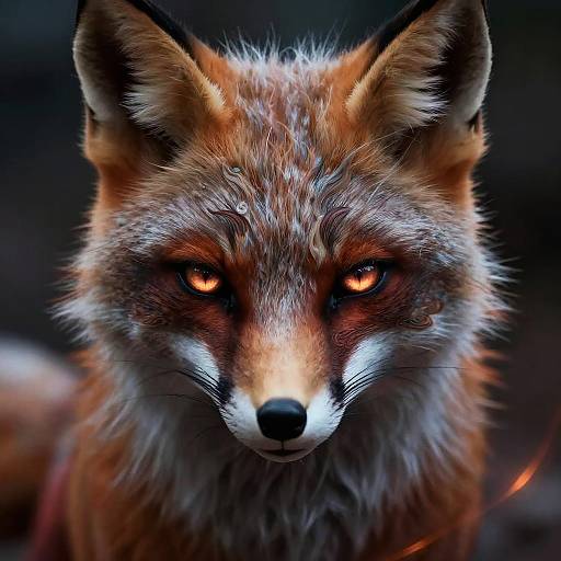 Close-up photograph of a fierce red fox with glowing orange eyes, detailed fur, and intense gaze, set against a dark, blurred background.