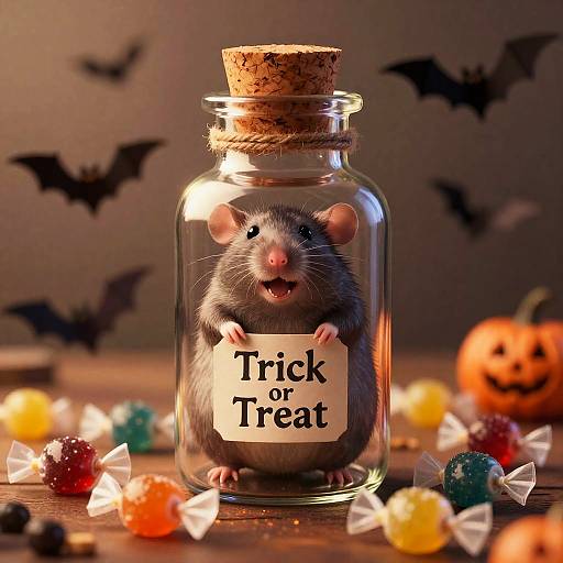 Whimsical Halloween Rat in Bottle