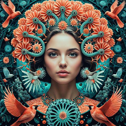 Surreal Psychedelic Portrait of Woman with Floral and Bird Elements