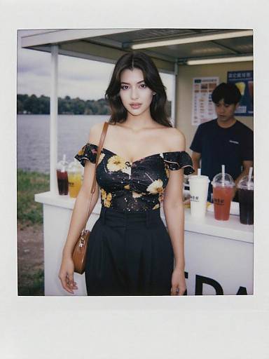 Photograph of a young Asian woman with long black hair, wearing an off-shoulder black dress with yellow floral patterns, standing at an outdoor food