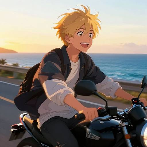 Anime-style digital illustration of a blonde, smiling boy riding a motorcycle along a coastal road at sunset, wearing a black jacket and white shirt.