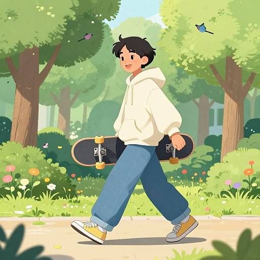 Digital illustration of a young boy with black hair, wearing a white hoodie, blue jeans, and yellow sneakers, walking with a skateboard in a vibrant,