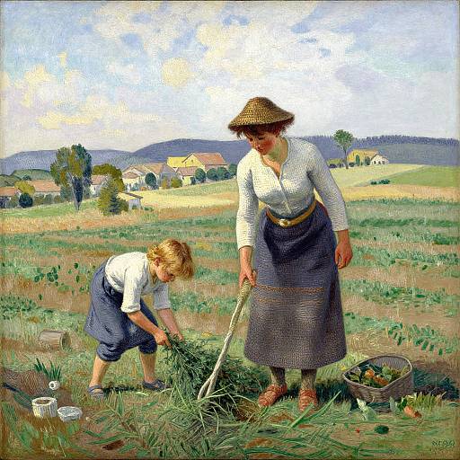 Peasant Woman and Child Harvesting Fields