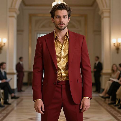 Photograph of a handsome, bearded man with wavy brown hair, wearing a red suit and gold patterned shirt, walking down a luxurious,