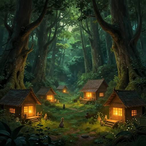 Whimsical forest scene with glowing, wooden cottages nestled among towering trees, illuminated by warm light, surrounded by lush greenery and small fairy-like