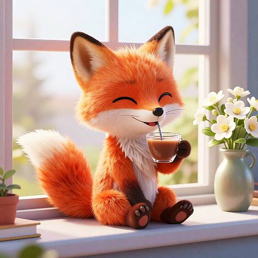 Cute, fluffy red fox with closed eyes, sipping from a glass, sits on a sunlit windowsill with flowers and plants. Digital art
