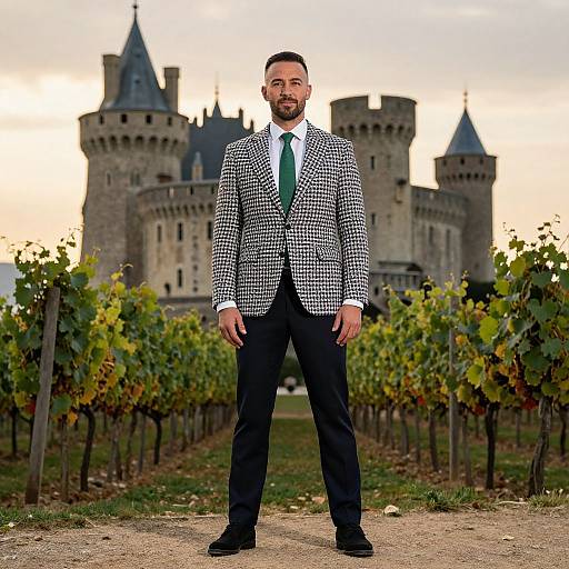 Photograph of a bearded man in a black-and-white checkered blazer, white shirt, green tie, and black pants, standing in front