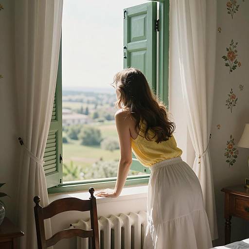 Woman Looking Out Open Window