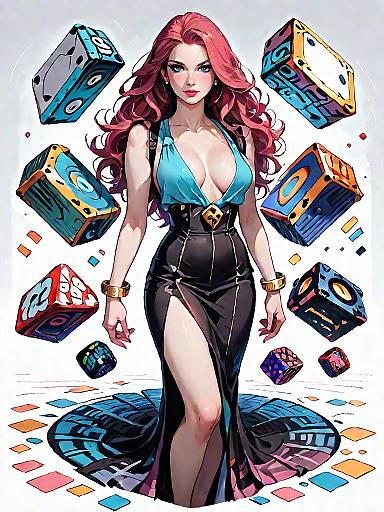 Glamorous Woman with Floating Colorful Cubes