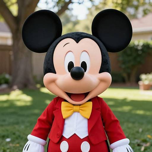 Photograph of Mickey Mouse in a red tuxedo with yellow bow tie, standing outdoors on green grass, smiling widely.
