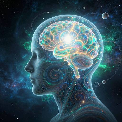 Digital illustration of a translucent, blue-skinned human head profile with a glowing, colorful brain against a cosmic, starry background.