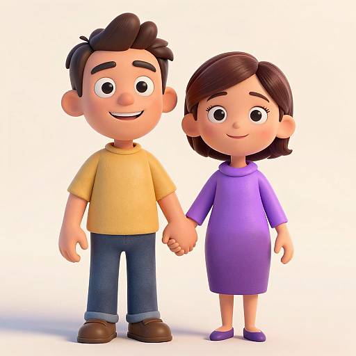 3D cartoon image of a smiling boy in a yellow shirt and blue jeans holding hands with a smiling girl in a purple dress and purple shoes.